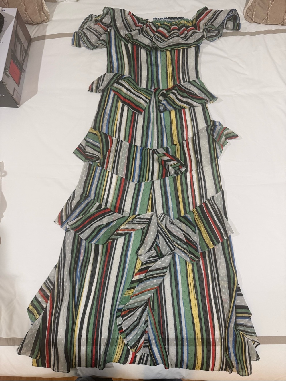 Badgley Mischka Multi-Color Stripe Ruffle Off-Shoulder Dress